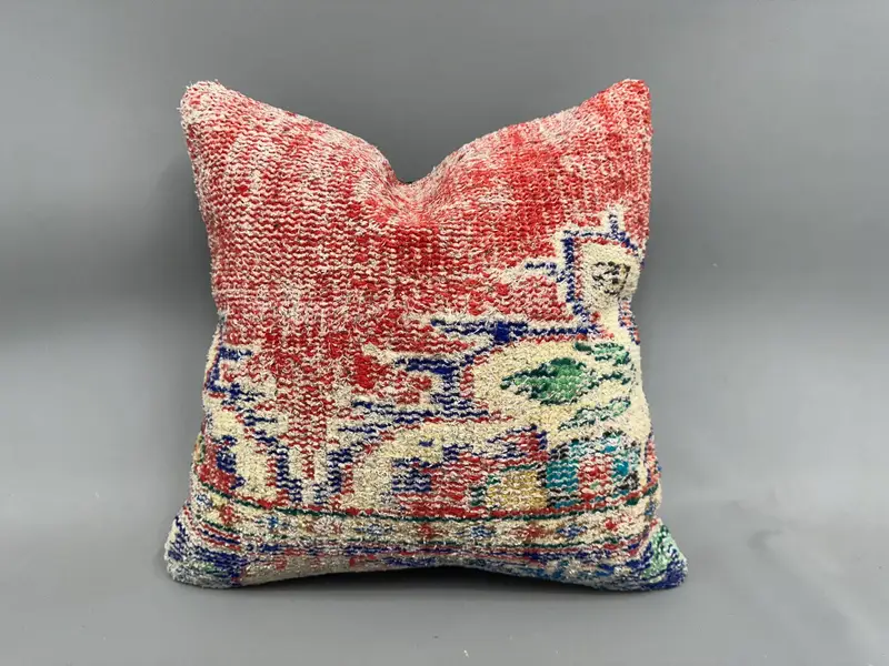 Kilim Cushion Sham, Pillow Cover, Handmade Throw Cushion Cover, Kilim Pillow, Square Throw Pillow Case, Boho Pillow Sham Cover, 18x18 Red Pillow - 1