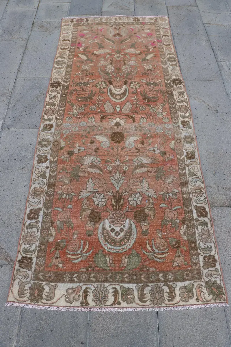 Orange & Brown Rug, 3,2x7,6 ft Geometric Floral Design