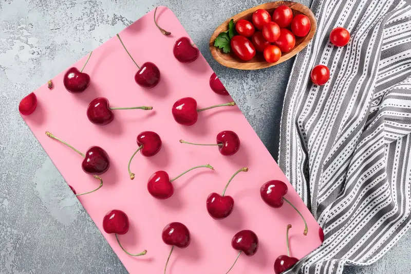 フルーツ柄ガラスまな板 ピンク&レッド 夏デザイン