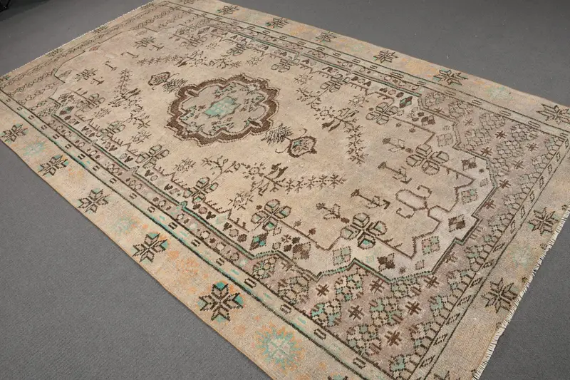 5.3x9.5 ft Turkish Large Rug, Brown Blue Vintage Floral Wool Rug - 1