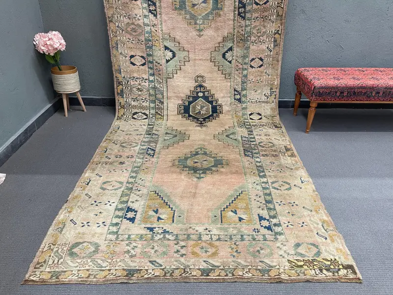 Vintage Turkish Oushak Large Rug 5x12 ft, Blue Oriental Rug Wool - 1