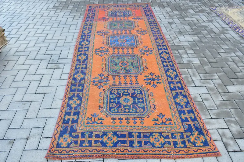 4,1x10,7 ft Vintage Teppich, türkischer Läuferteppich, orangefarbener Karoteppich - 1