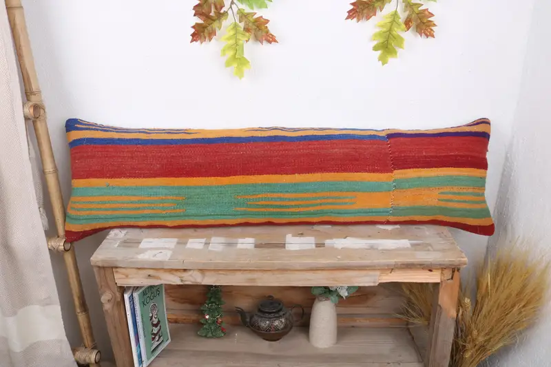 Sustainable Pillow, Vintage Kilim Throw Pillow, 12x43 Green Pillow Case, Ethnical Kilim Rug Pillow, Vintage Kilim Pillow, Cushion - 1