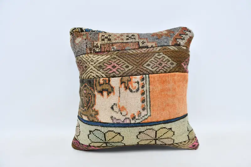 Turkish Kilim Pillow, 20x20 Orange Cushion, Vintage Pillow, Ethnical Kilim Rug Pillow, Indoor Cushion, Pillow Sham - 1