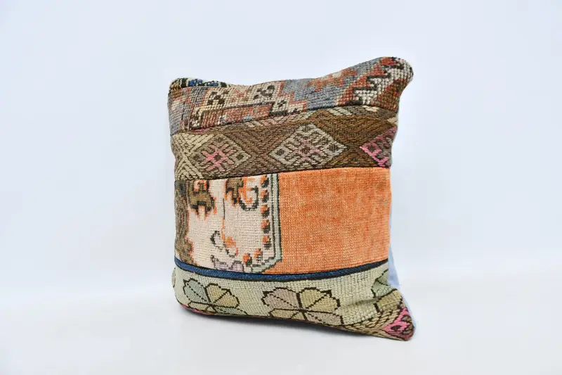 Turkish Kilim Pillow, 20x20 Orange Cushion, Vintage Pillow, Ethnical Kilim Rug Pillow, Indoor Cushion, Pillow Sham - 4