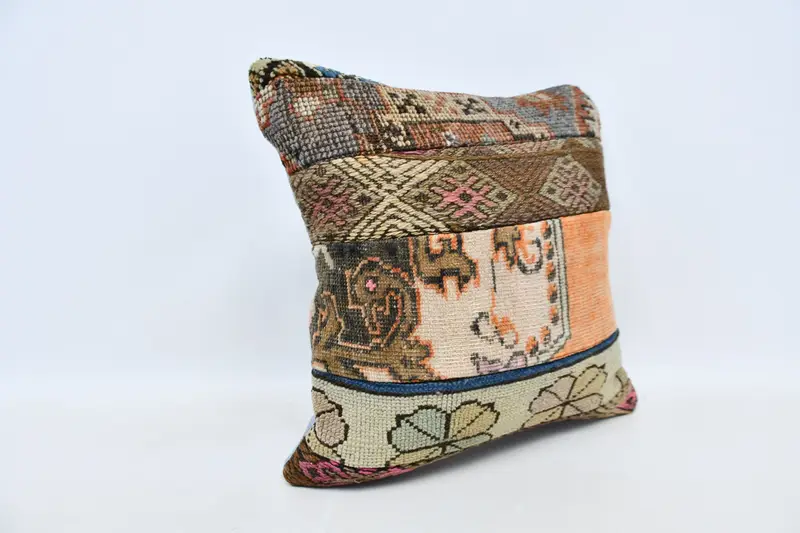 Turkish Kilim Pillow, 20x20 Orange Cushion, Vintage Pillow, Ethnical Kilim Rug Pillow, Indoor Cushion, Pillow Sham - 3