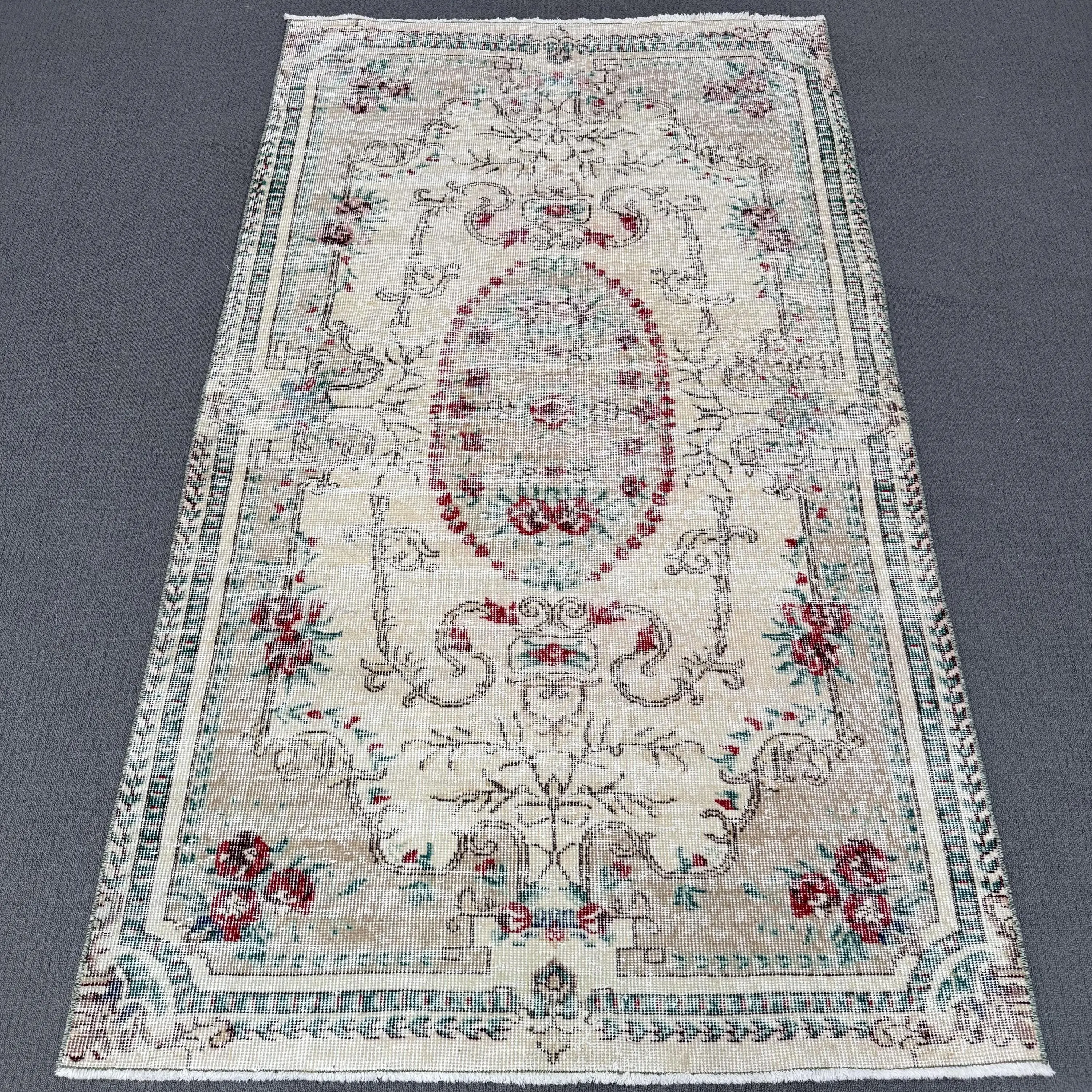 Turkish Vintage Rug 3.8x6.7 ft (116x204 cm), Red Green Moroccan Rug - 1