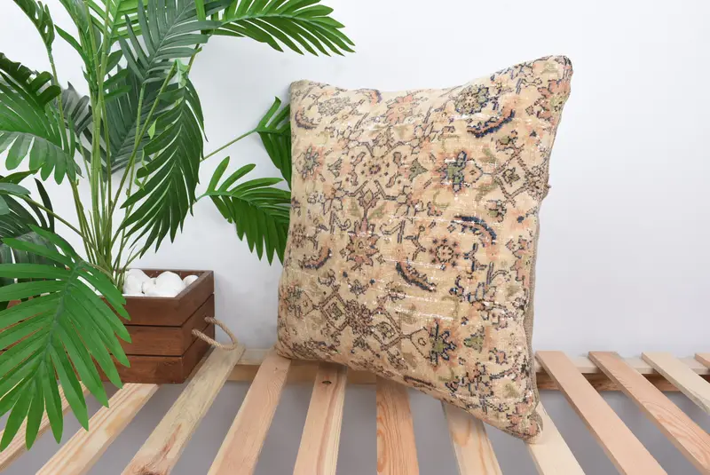 Designer Throw Cushion Cover, Pillow Sham, Antique Pillows, Pillow for Couch, 18x18 Beige Cushion Case, Vintage Pillow, Customized Pillow Case - 5