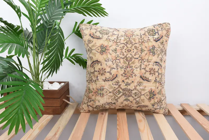 Designer Throw Cushion Cover, Pillow Sham, Antique Pillows, Pillow for Couch, 18x18 Beige Cushion Case, Vintage Pillow, Customized Pillow Case - 1