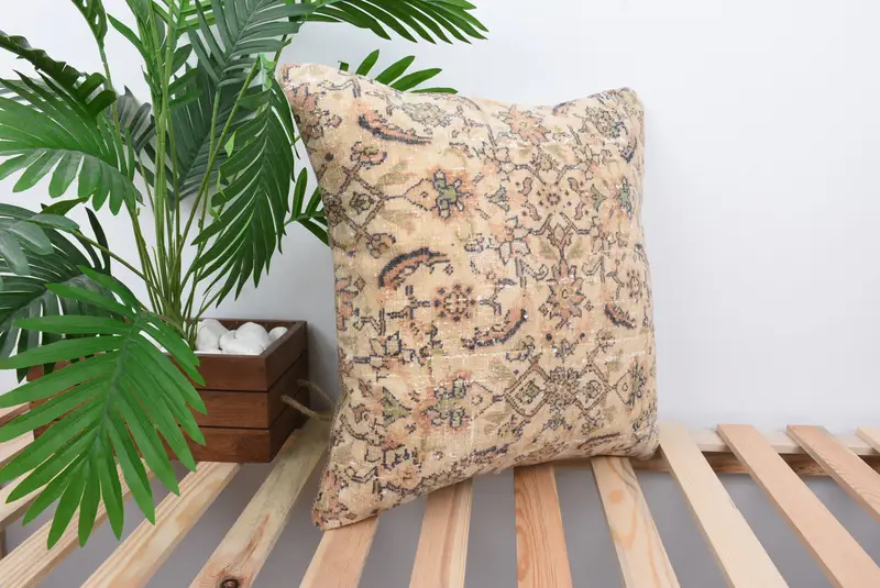 Designer Throw Cushion Cover, Pillow Sham, Antique Pillows, Pillow for Couch, 18x18 Beige Cushion Case, Vintage Pillow, Customized Pillow Case - 4
