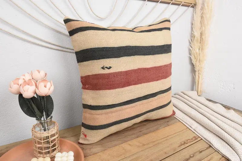Kilim Pillow Cover, Cushion, Vintage Kilim Throw Pillow, 24x24 Beige Pillow Cover, Neutral Pillow Case, Ethnical Kilim Rug Pillow - 1