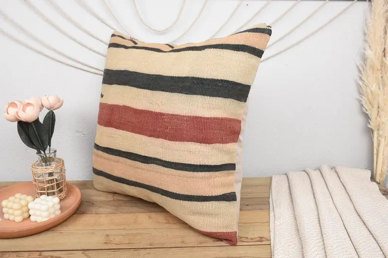 Kilim Pillow Cover, Cushion, Vintage Kilim Throw Pillow, 24x24 Beige Pillow Cover, Neutral Pillow Case, Ethnical Kilim Rug Pillow - 4