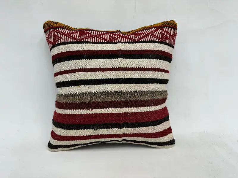 Beige & Red Striped, Embroidered Pillow, 20x20 Inches Decorative Cushion - 7