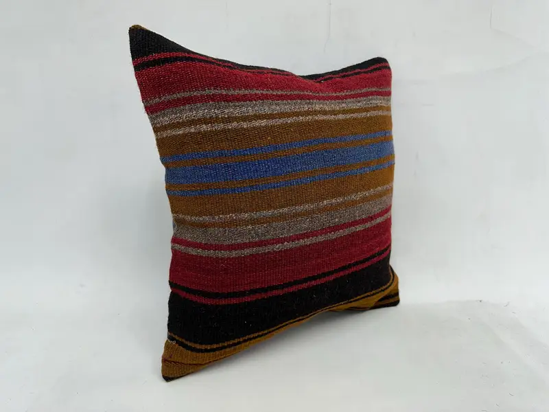 Beige & Red Striped, Embroidered Pillow, 20x20 Inches Decorative Cushion - 3
