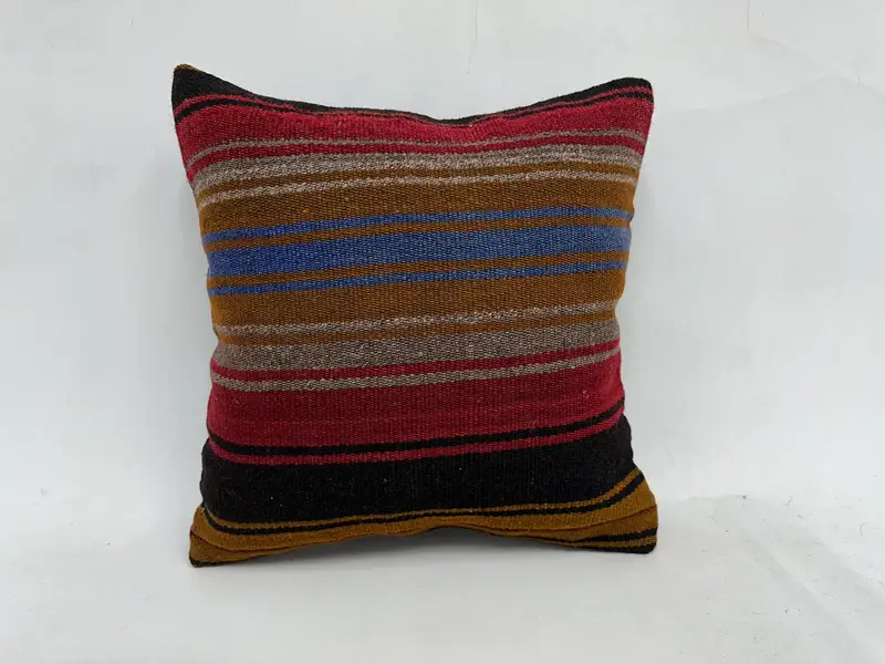 Beige & Red Striped, Embroidered Pillow, 20x20 Inches Decorative Cushion - 1