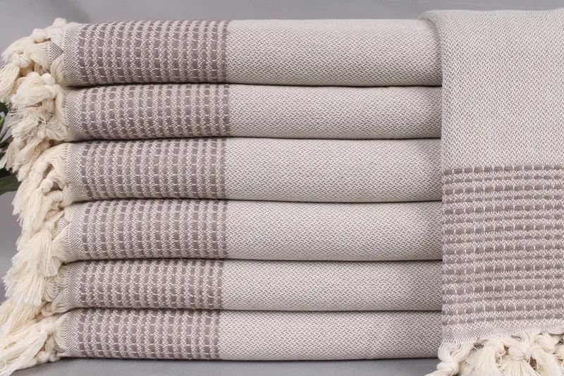 Turkish Throw Blanket Brown Striped Beige, Handmade Organic Cotton, 91x95 Inches
