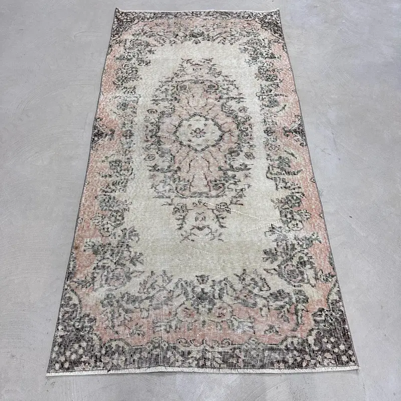 Alfombra turca vintage 3,2x6,4 pies (97x196 cm), alfombra oriental negra rosa Oushak - 1