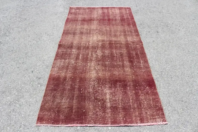 Vintage Oushak Area Rug 3.7x7.1 ft (113x217 cm), Turkish Red Wool Rug - 1