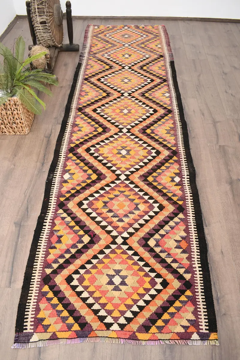 Vintage Rug, Runner 2.8x10.4 ft Turkish Rug, Orange Purple Floral Wool Rug - 1