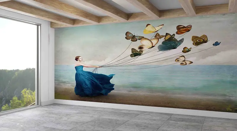 Papel pintado estampado elegante: Mujer abstracta con mariposas