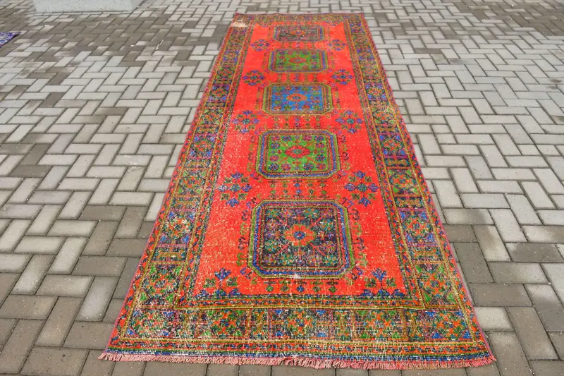 4,1 x 11,5 Fuß großer türkischer Teppich, Vintage-Läuferteppich, rot-blauer Südwestteppich - 1