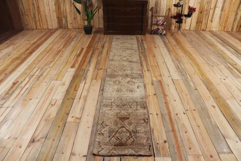 Vintage Herki Halı 1.7x10.4 ft, Kahverengi Gri Katı Yün Türk Halısı - 1