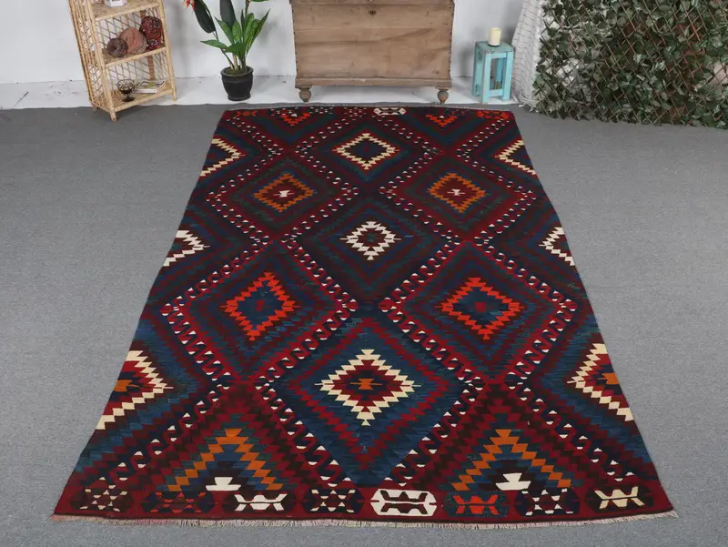 Blue & Red Rug, 6,2x9,8 ft Striped Geometric Design