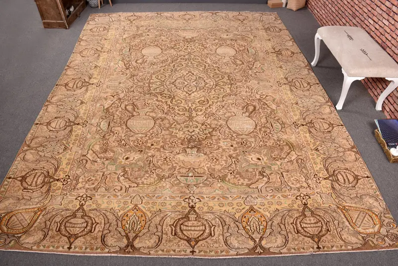 Zarif Kahverengi Oryantal Halı, Sarı Desenli 9,3x12,6 ft