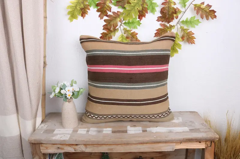 18x18 Beige Cushion Case, Car Pillow Sham, Turkish Kilim Pillow, Kilim Cushion Sham, Natural Cushion, Pillow Cover, Vintage Kilim Throw Pillow - 1