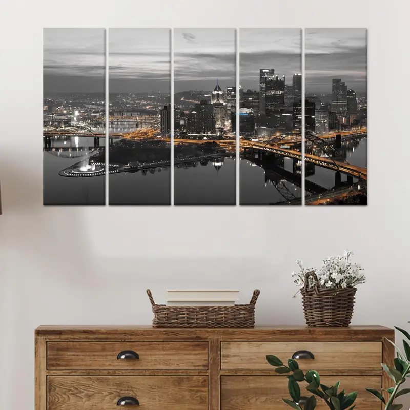 Pittsburgh Gece Görünümü Kanvas Tablo: Zarif Şehir Manzarası Kanvas Tablo