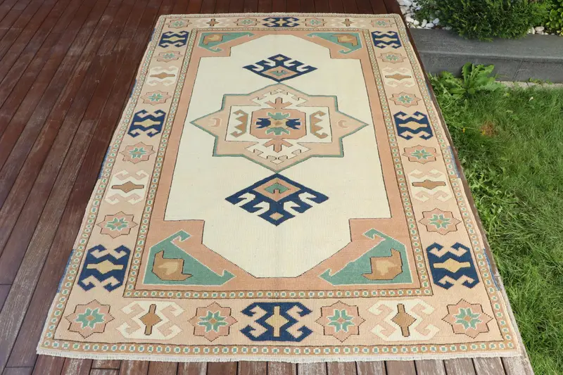 Handmade Beige & Orange Rug, 4,3x7,3 ft Striped Geometric