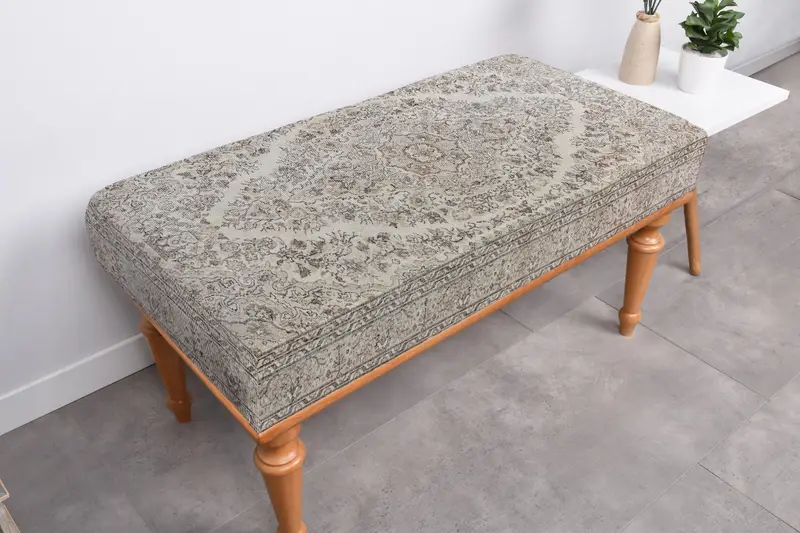 Green & Beige Wool Bench with Storage, Solid Wood Bench