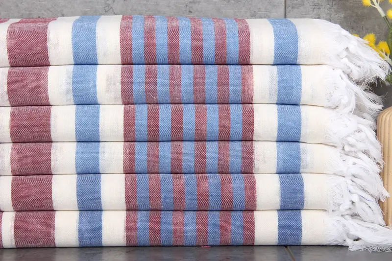 Turkish Towels Beach Monogram Burgundy-Blue Stripes, 40x67 Inches