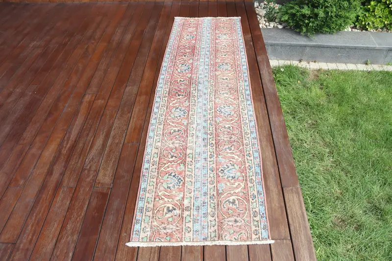 Alfombra Oushak vintage de 2x7,4 pies, alfombra turca, alfombra de lana Ombré azul - 1