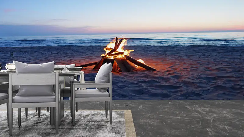 Seascape Tapete, Blick auf Wandkunst, Strandlandschafts -Wandplakat, Gelassenheit Wanddekor, Camp Fire Landscape Wallpapier, Meereslandschaftswand Pape - 1