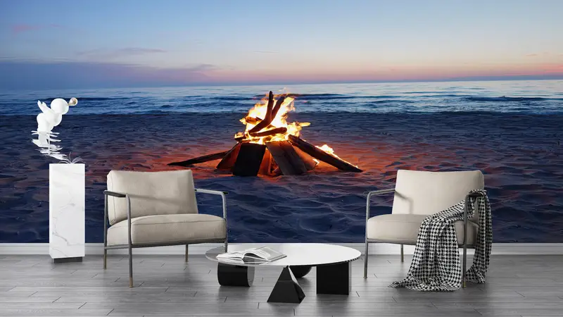 Seascape Tapete, Blick auf Wandkunst, Strandlandschafts -Wandplakat, Gelassenheit Wanddekor, Camp Fire Landscape Wallpapier, Meereslandschaftswand Pape - 6