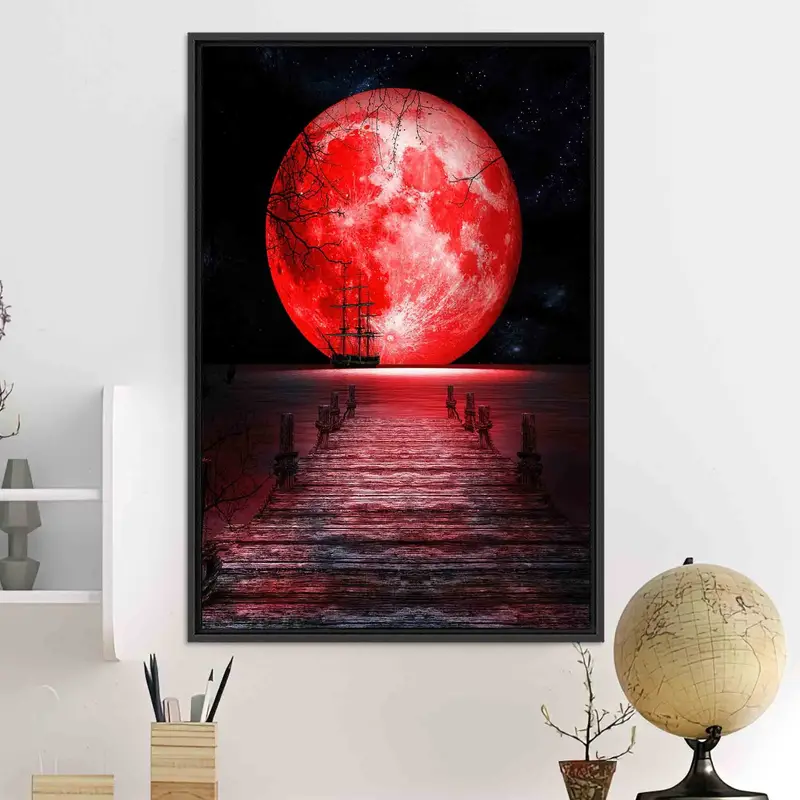 巨大な赤い月が描かれた魅惑的な海の風景キャンバス