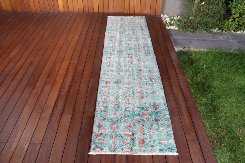 Alfombra vintage turca, alfombra corredor de 2,1x8,5 pies, alfombra de lunares rojos azules - 1