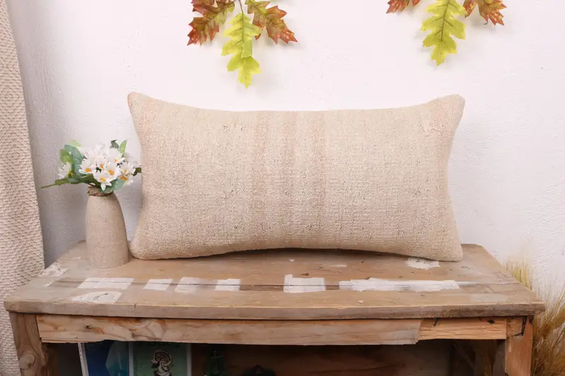 Yoga Cushion Case, Pillow, Boho Pillow, Vintage Kilim Throw Pillow, 12x24 Beige Cushion Case, Gift Pillow, Kilim Rug Cushion Cover - 1