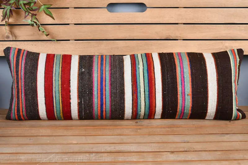 Kilim Rug Cushion, 12x36 Brown Pillow Case, Colorful Cushion, Turkish Kilim Pillow, Cushion Cover, Boho Pillow Sham Cover, Vintage Pillow - 6