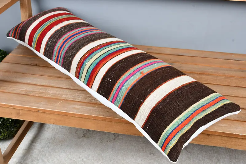 Kilim Rug Cushion, 12x36 Brown Pillow Case, Colorful Cushion, Turkish Kilim Pillow, Cushion Cover, Boho Pillow Sham Cover, Vintage Pillow - 2