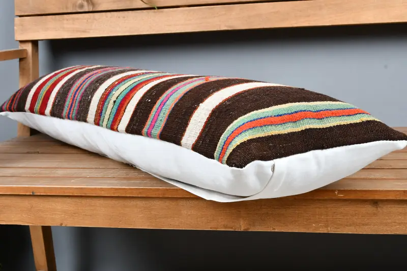 Kilim Rug Cushion, 12x36 Brown Pillow Case, Colorful Cushion, Turkish Kilim Pillow, Cushion Cover, Boho Pillow Sham Cover, Vintage Pillow - 3