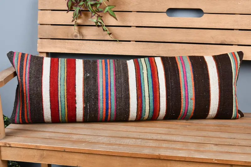 Kilim Rug Cushion, 12x36 Brown Pillow Case, Colorful Cushion, Turkish Kilim Pillow, Cushion Cover, Boho Pillow Sham Cover, Vintage Pillow - 1
