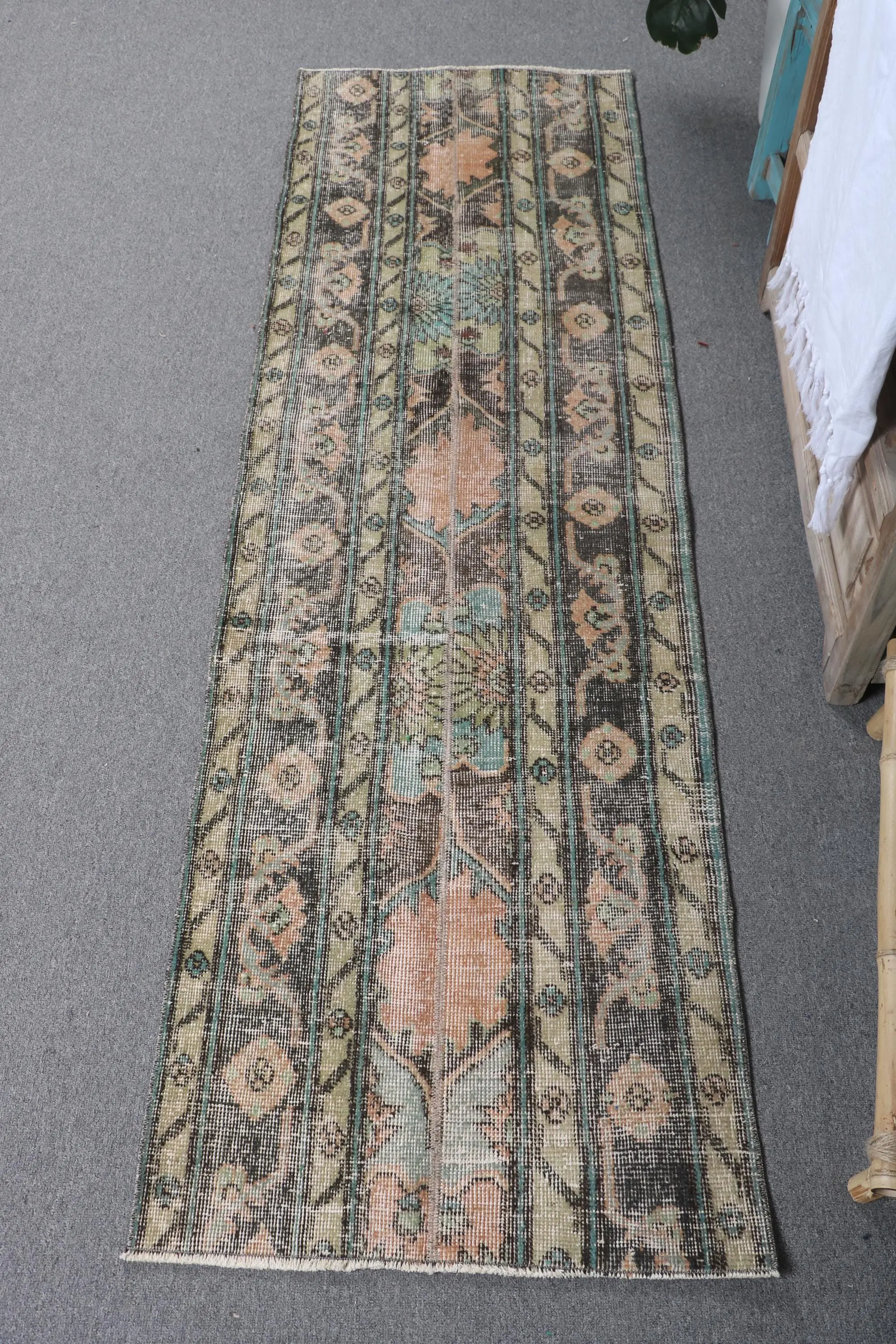 Turkish Vintage Rug, 2.1x6.7 ft Runner Rug, Brown Green Striped Wool Rug - 1