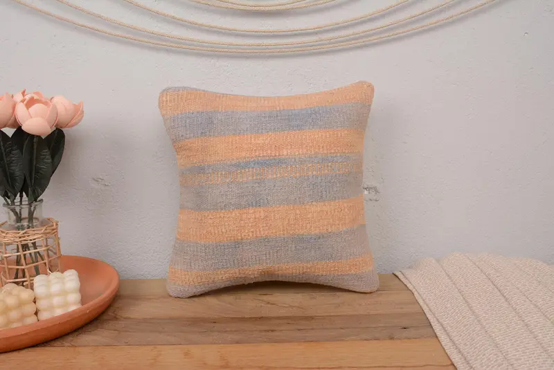 Handmade Rug Seat Pillow Cover, Pillow Case, Kilim Pillow Cover, Gift Pillow, Interior Designer Pillow, 14x14 Gray Pillow Sham - 2