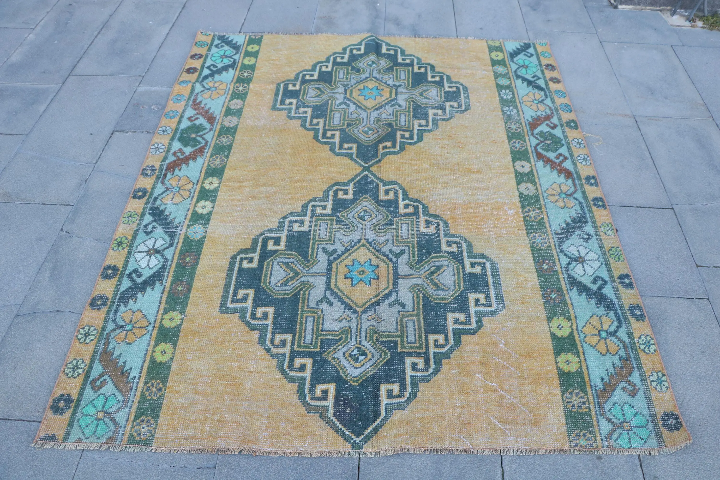 Vintage Turkish Rug 4.7x5.6 ft, Yellow Area Camouflage Wool Rug - 1