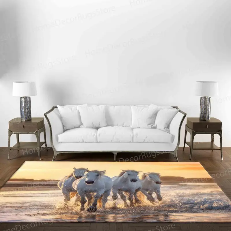 Alfombra Estampada Elegante: Diseño De Atardecer Con Vistas Al Mar Y Caballos Corriendo