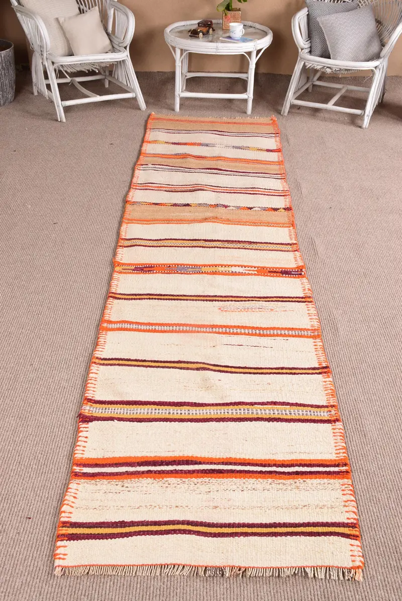 Vintage Turkish Kilim Rug 2.6x10.7 ft, Orange Runner Solid Wool Rug - 1