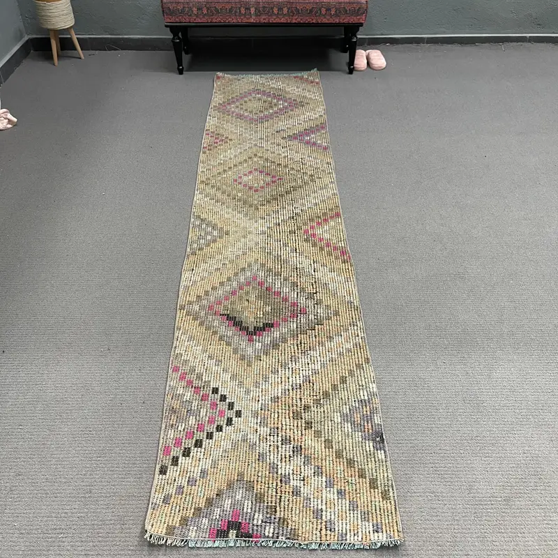 Türkischer Vintage-Kelim-Teppich, 6,9 x 2,9 m, grüner Läufer, abstrakter Wollteppich - 1