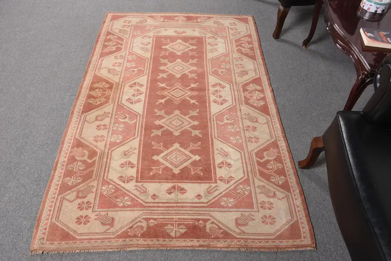 Roter Blumenteppich, 3,9 x 6,2 Fuß, eleganter Beige-Akzent